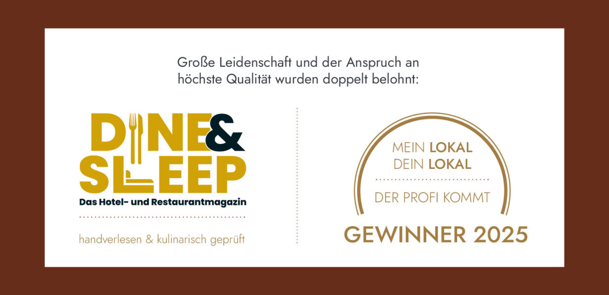 Logo von "DINE & SLEEP" mit dem Hinweis auf die Auszeichnung "Gewinner 2025" und dem Slogan "Mein Lokal Dein Lokal".